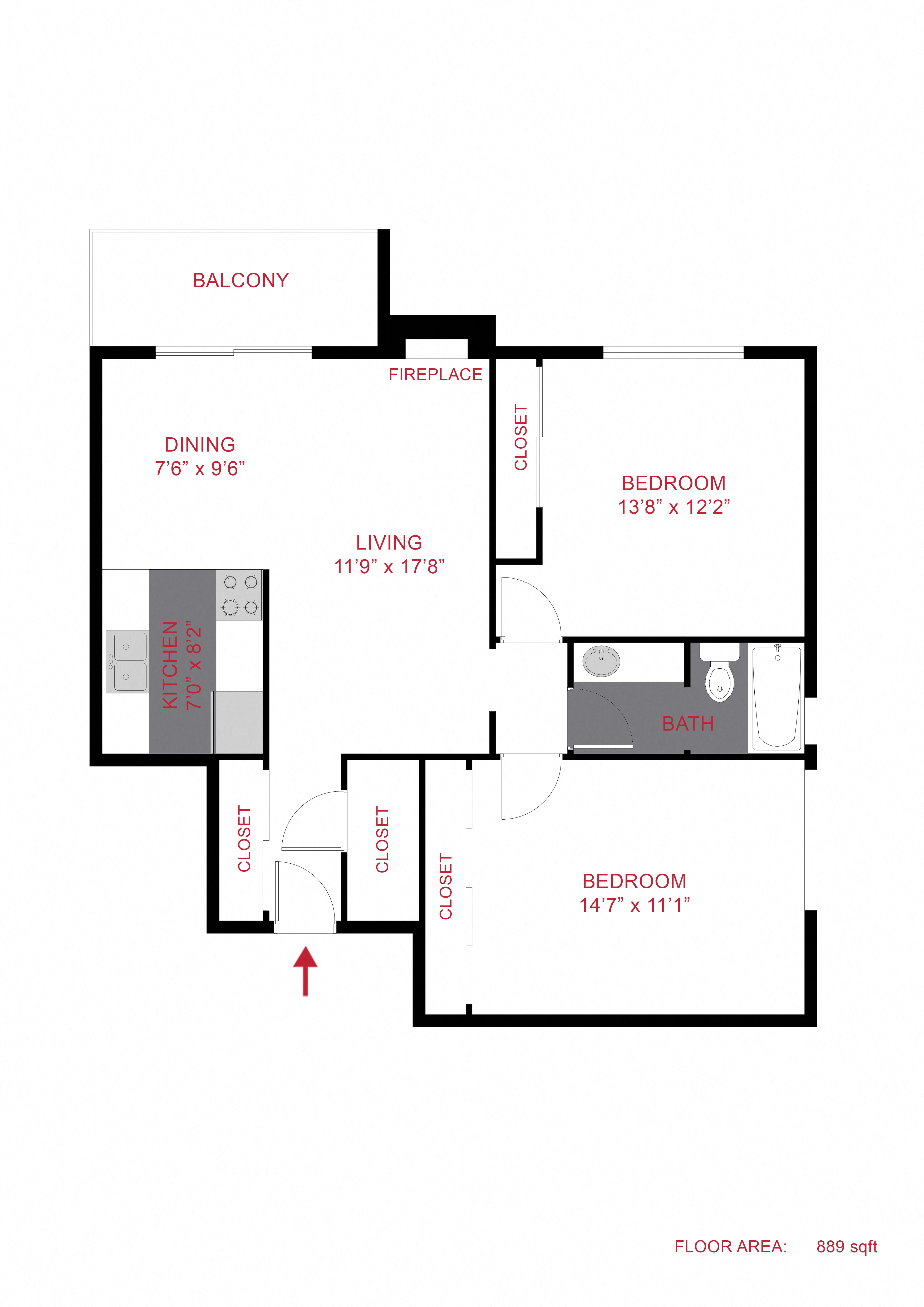 Floor plan for 2 beds, 1 bath, 902 sqft